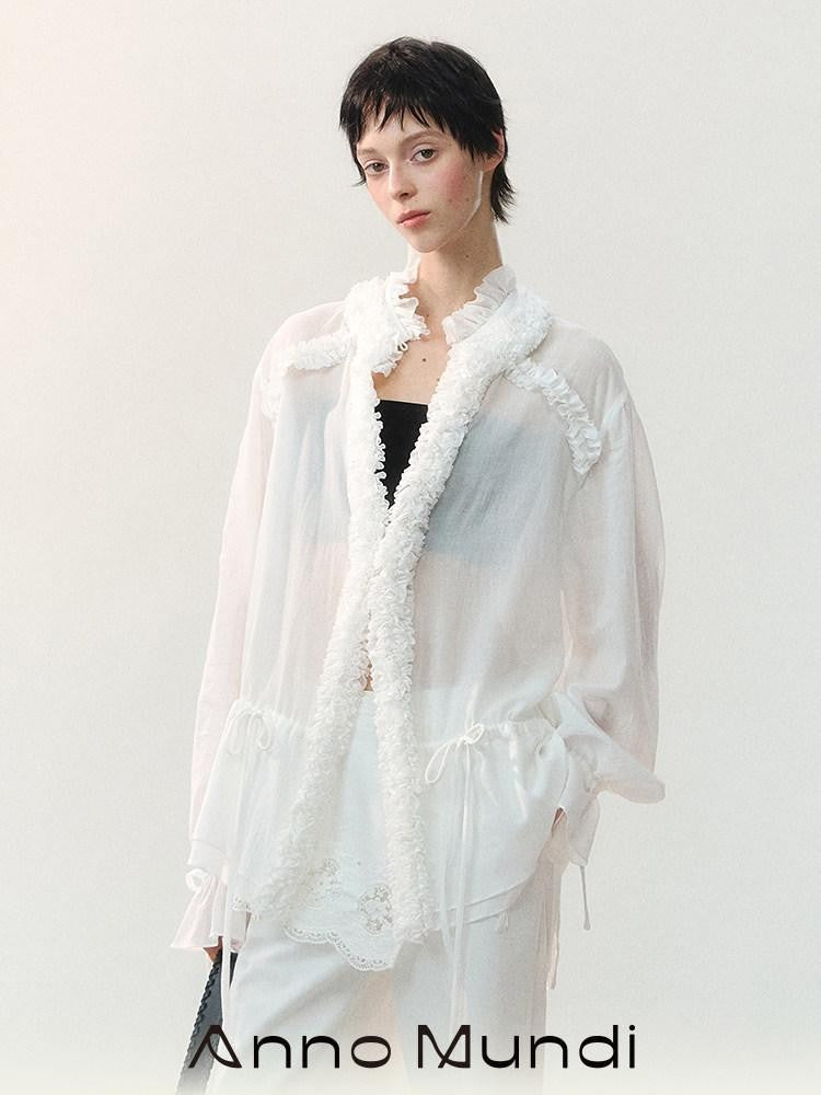 AnnoMundi Mist White Crinkle Pleated Drawstring Lace Trim Women&
