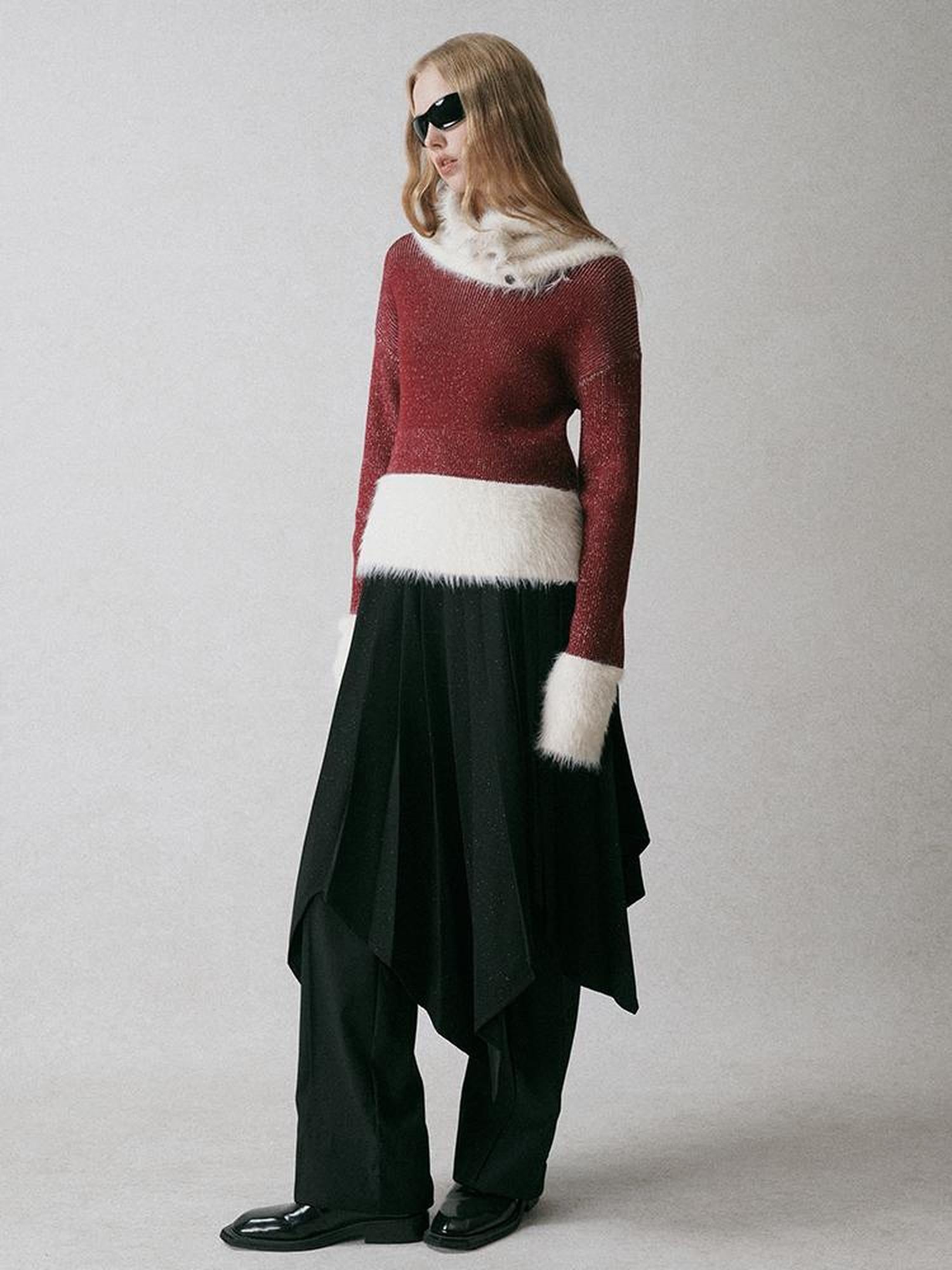 AnnoMundi Off Shoulder Red Mohair Blend Sweater With Detachable High Neck