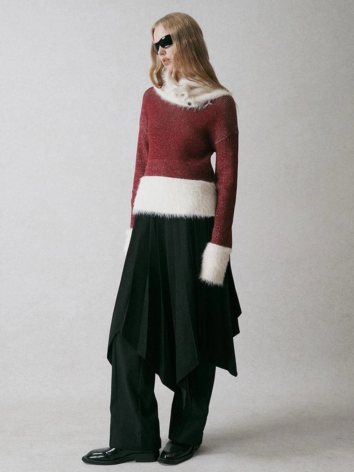 Off Shoulder Red Mohair Blend Sweater With Detachable High Neck