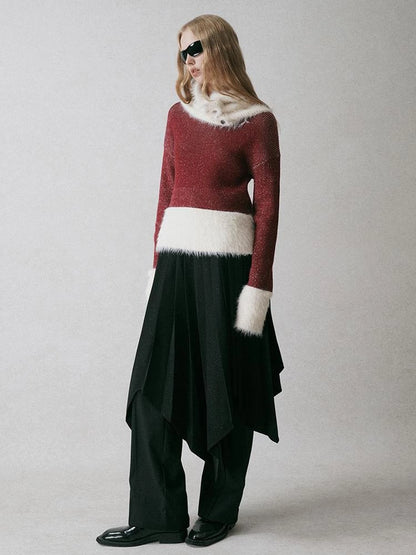 Off Shoulder Red Mohair Blend Sweater With Detachable High Neck