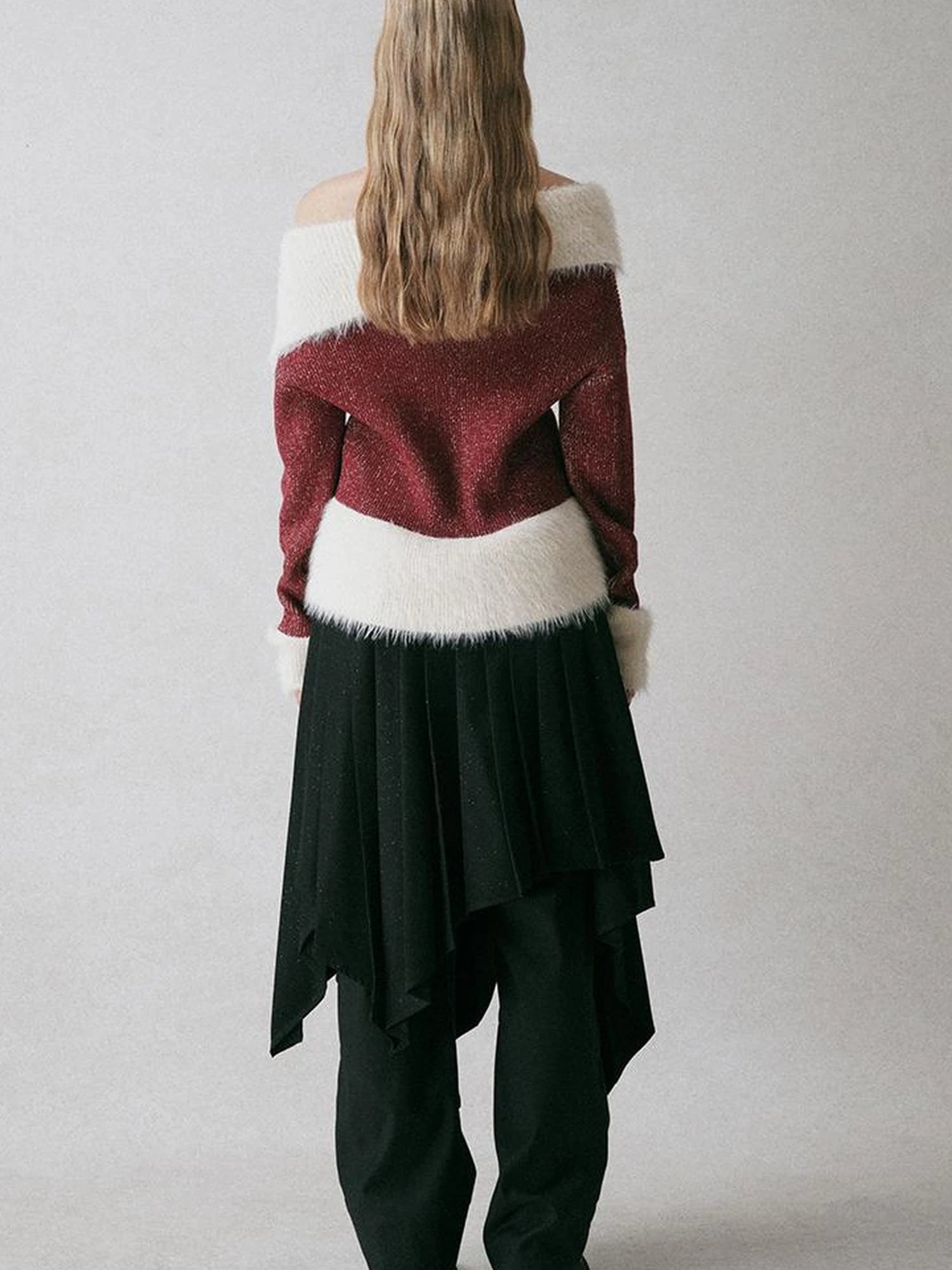 Off Shoulder Red Mohair Blend Sweater With Detachable High Neck