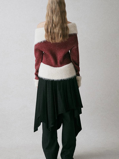 Off Shoulder Red Mohair Blend Sweater With Detachable High Neck