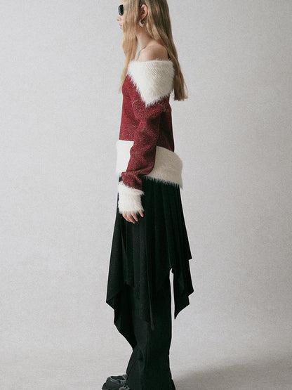AnnoMundi Off Shoulder Red Mohair Blend Sweater With Detachable High Neck