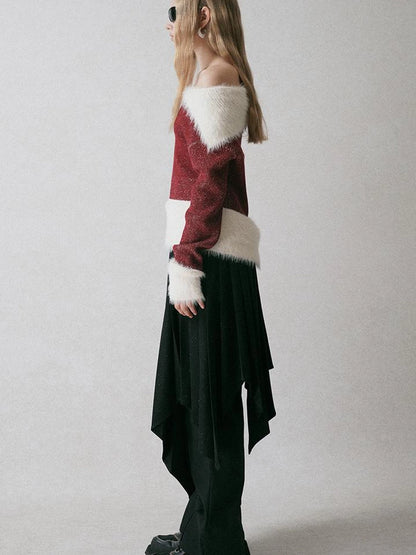 Off Shoulder Red Mohair Blend Sweater With Detachable High Neck