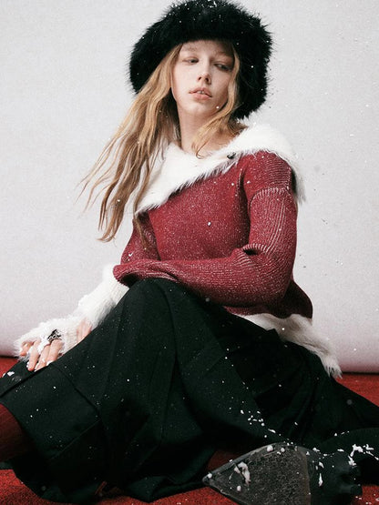 Off Shoulder Red Mohair Blend Sweater With Detachable High Neck