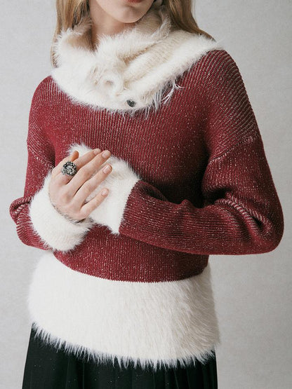 AnnoMundi Off Shoulder Red Mohair Blend Sweater With Detachable High Neck
