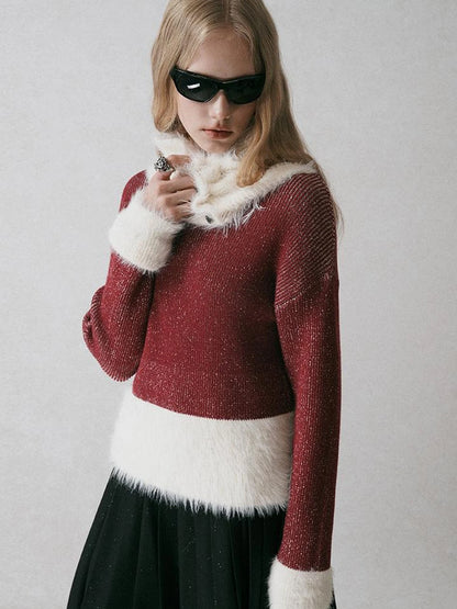 Off Shoulder Red Mohair Blend Sweater With Detachable High Neck