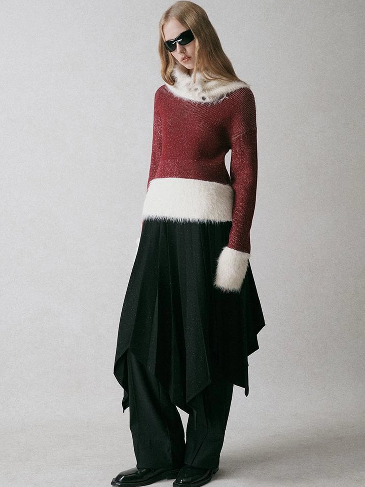 Off Shoulder Red Mohair Blend Sweater With Detachable High Neck