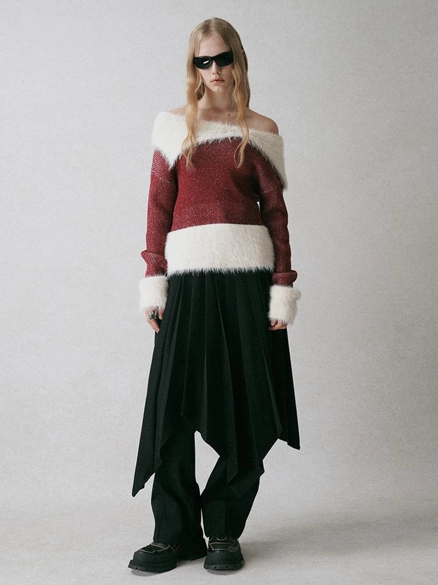Off Shoulder Red Mohair Blend Sweater With Detachable High Neck