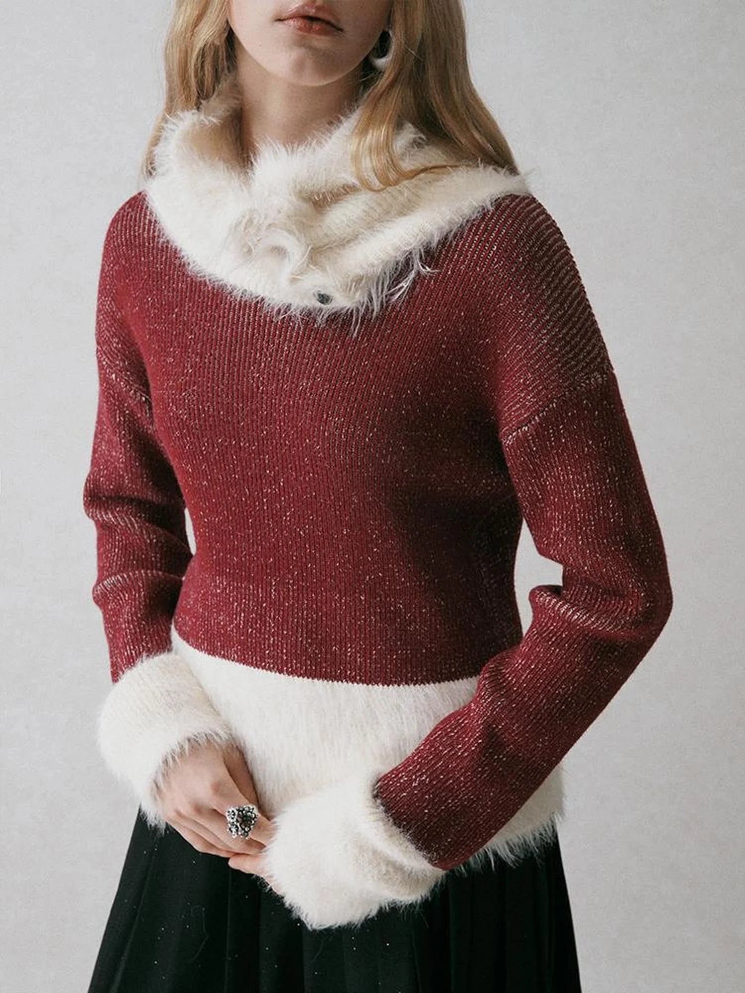 Off Shoulder Red Mohair Blend Sweater With Detachable High Neck