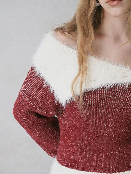 Off Shoulder Red Mohair Blend Sweater With Detachable High Neck