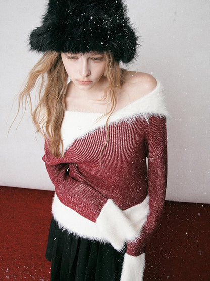 AnnoMundi Off Shoulder Red Mohair Blend Sweater With Detachable High Neck
