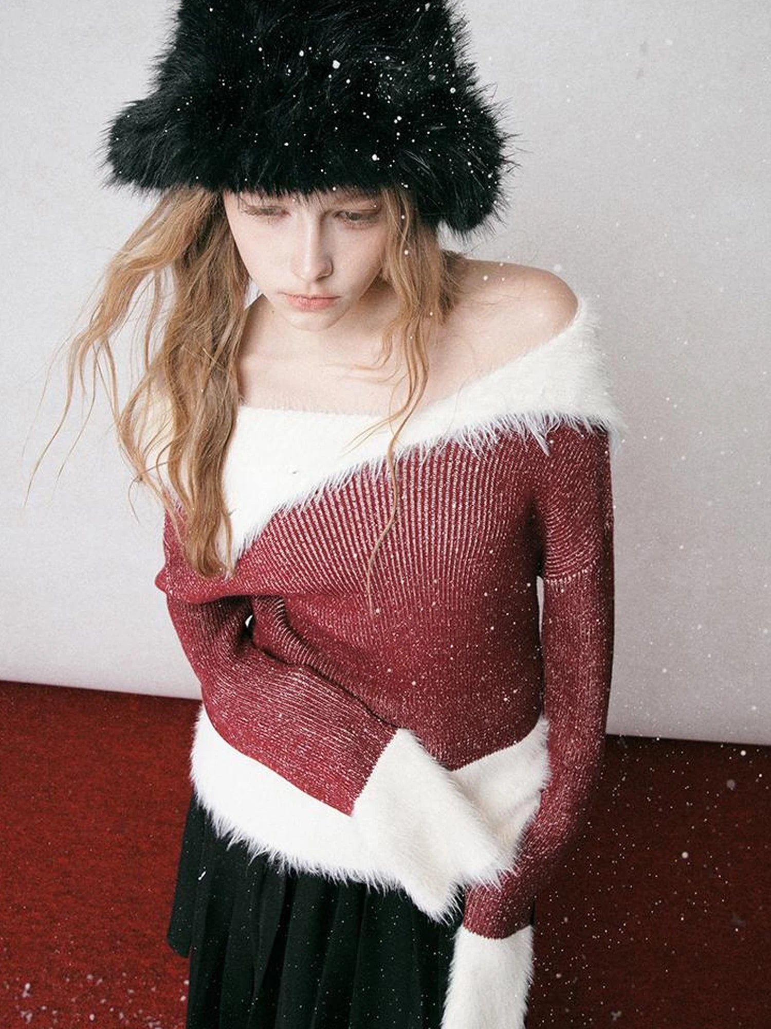 Off Shoulder Red Mohair Blend Sweater With Detachable High Neck