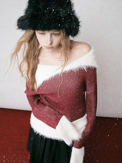 Off Shoulder Red Mohair Blend Sweater With Detachable High Neck