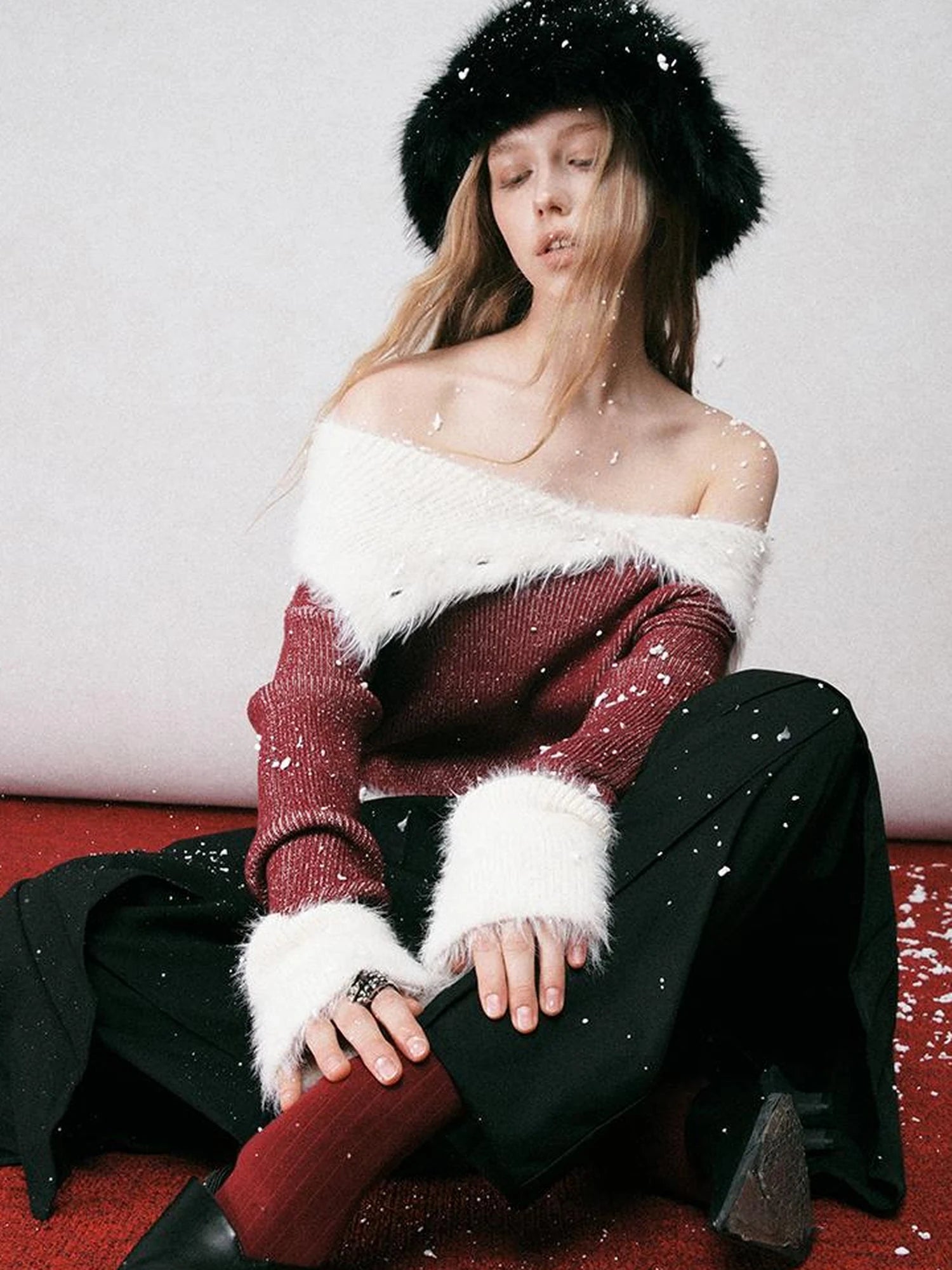 Off Shoulder Red Mohair Blend Sweater With Detachable High Neck