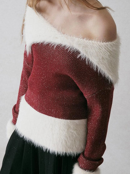 Off Shoulder Red Mohair Blend Sweater With Detachable High Neck