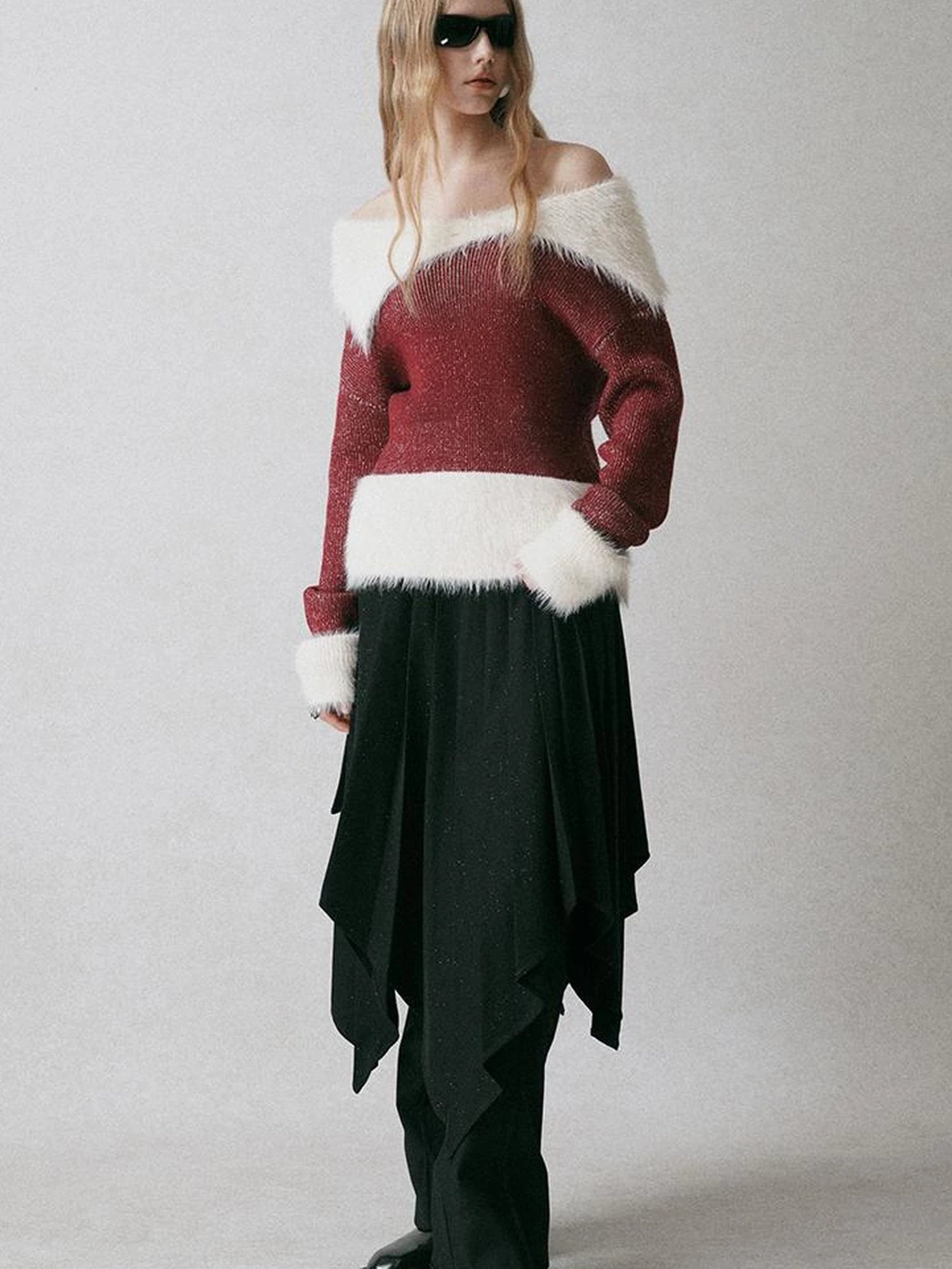 Off Shoulder Red Mohair Blend Sweater With Detachable High Neck