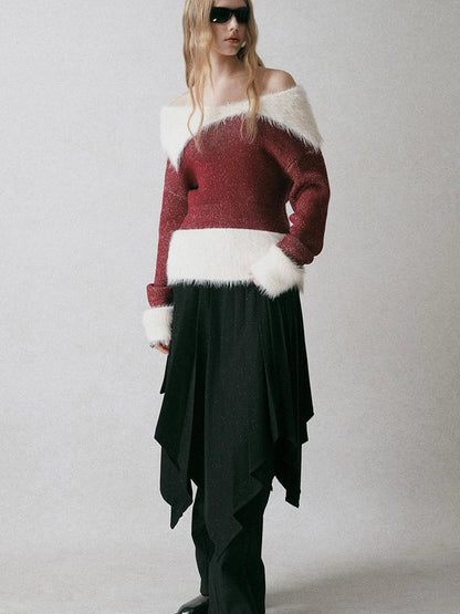 Off Shoulder Red Mohair Blend Sweater With Detachable High Neck
