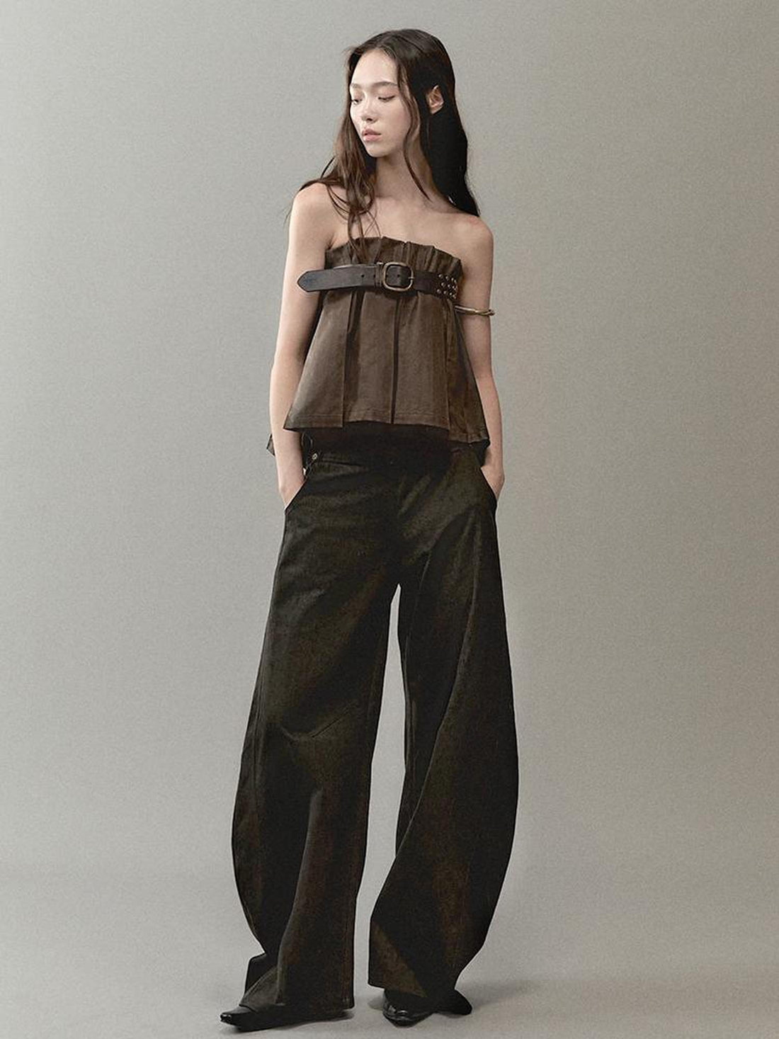 AnnoMundi PU Leather Plated High Waist Pleated Mini Skirt
