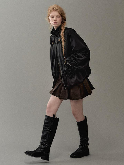 AnnoMundi PU Leather Plated High Waist Pleated Mini Skirt