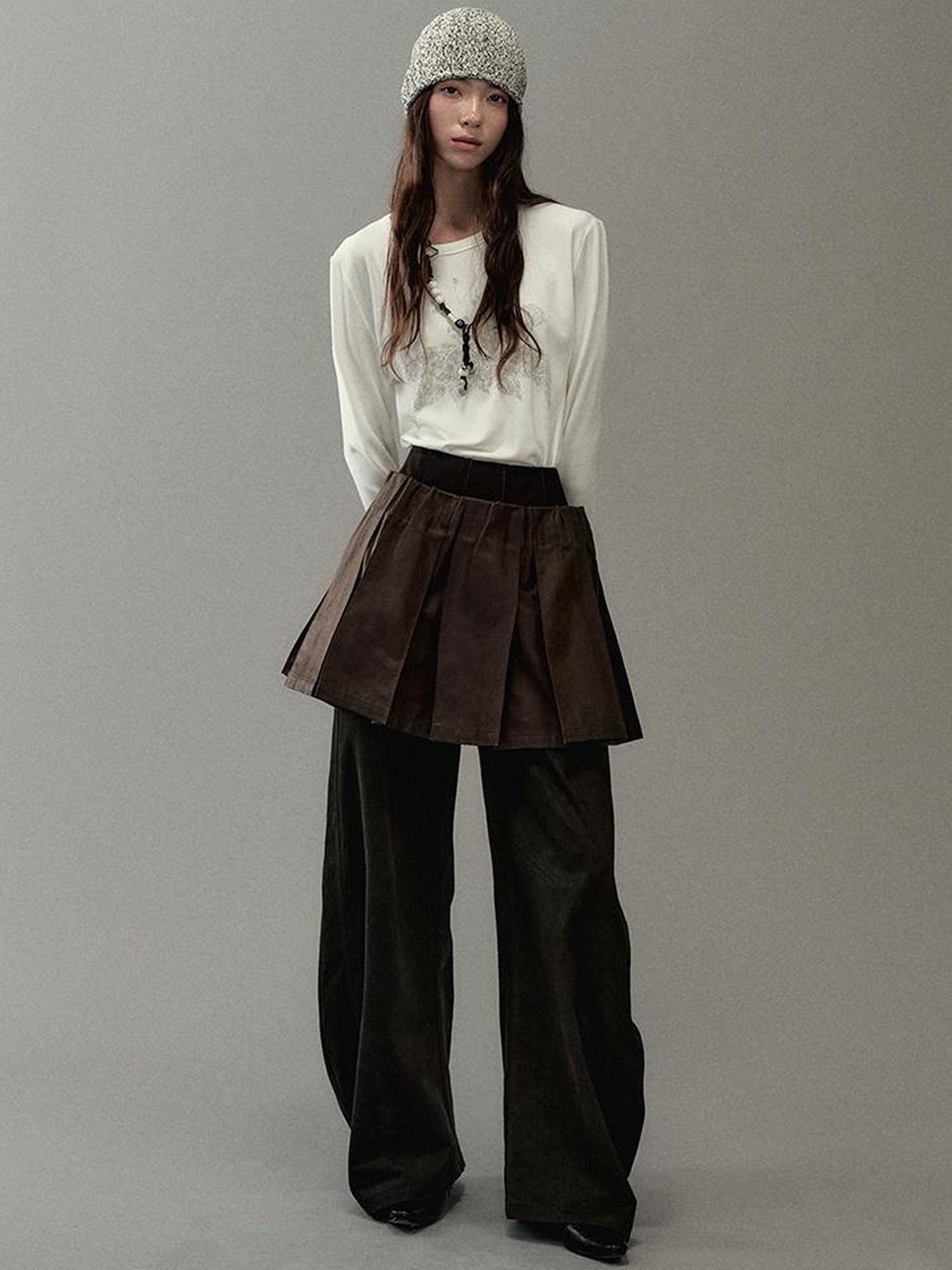 AnnoMundi PU Leather Plated High Waist Pleated Mini Skirt