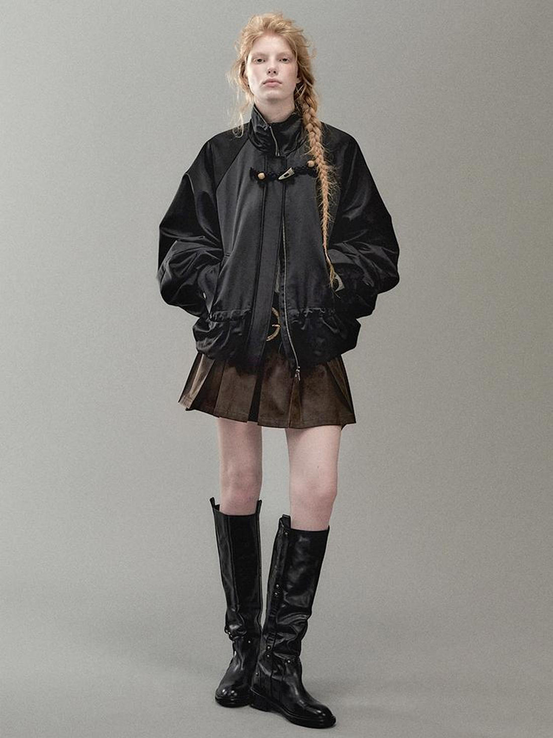 AnnoMundi PU Leather Plated High Waist Pleated Mini Skirt