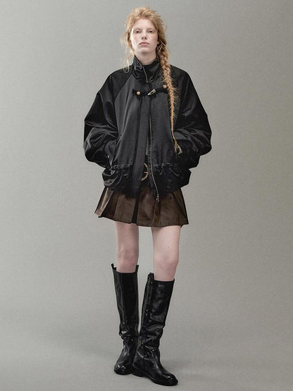 AnnoMundi PU Leather Plated High Waist Pleated Mini Skirt