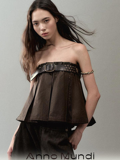 AnnoMundi PU Leather Plated High Waist Pleated Mini Skirt