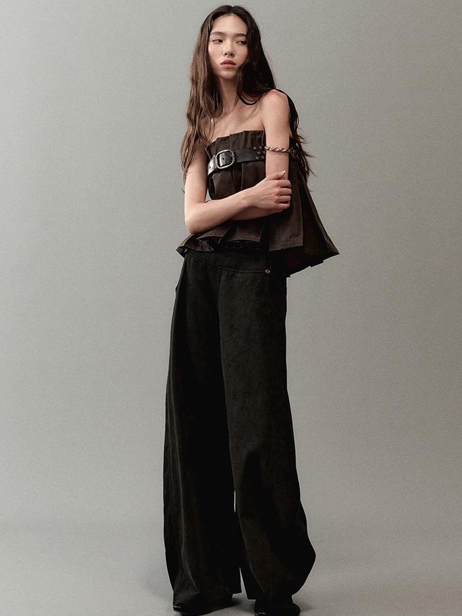 AnnoMundi PU Leather Plated High Waist Pleated Mini Skirt