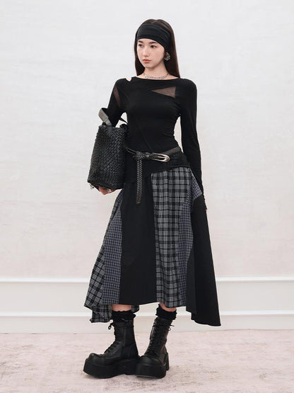 AnnoMundi Plaid Patchwork Asymmetrical Maxi Skirt