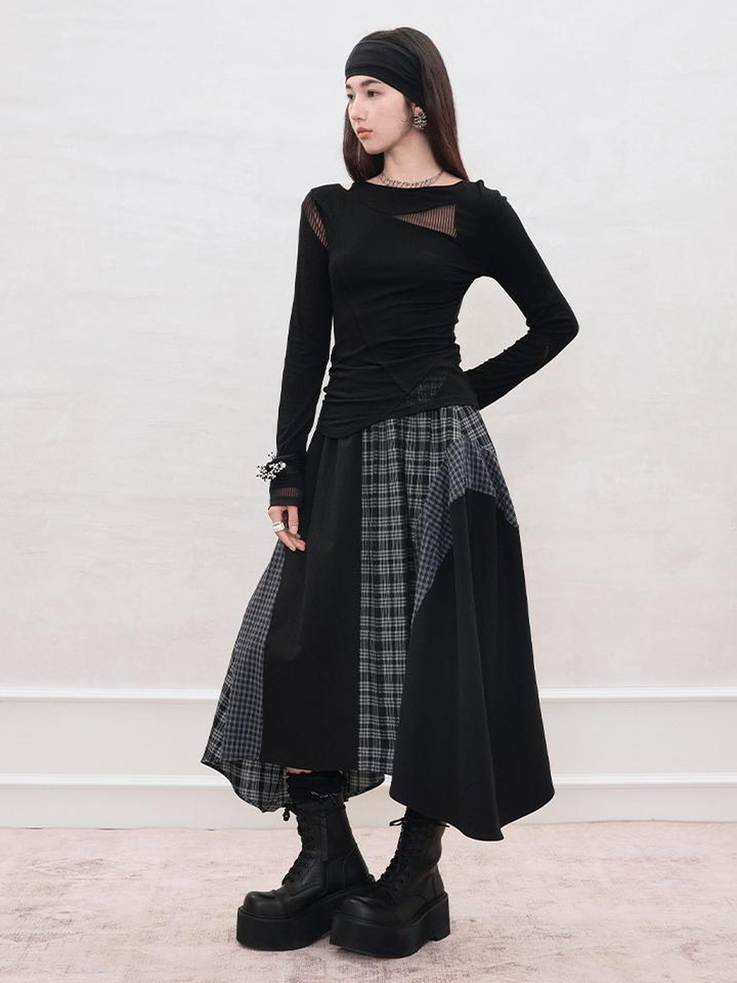 AnnoMundi Plaid Patchwork Asymmetrical Maxi Skirt