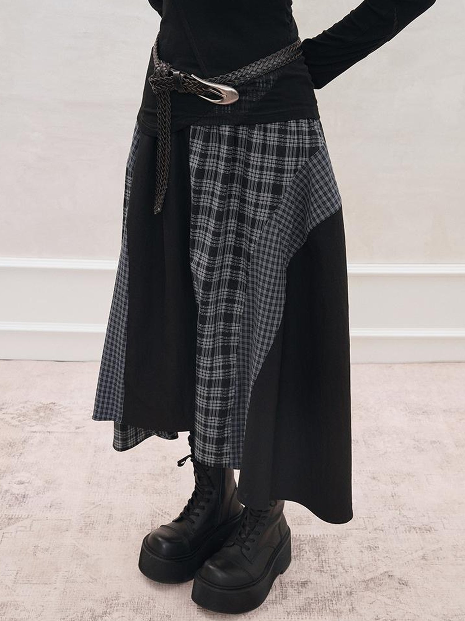 AnnoMundi Plaid Patchwork Asymmetrical Maxi Skirt
