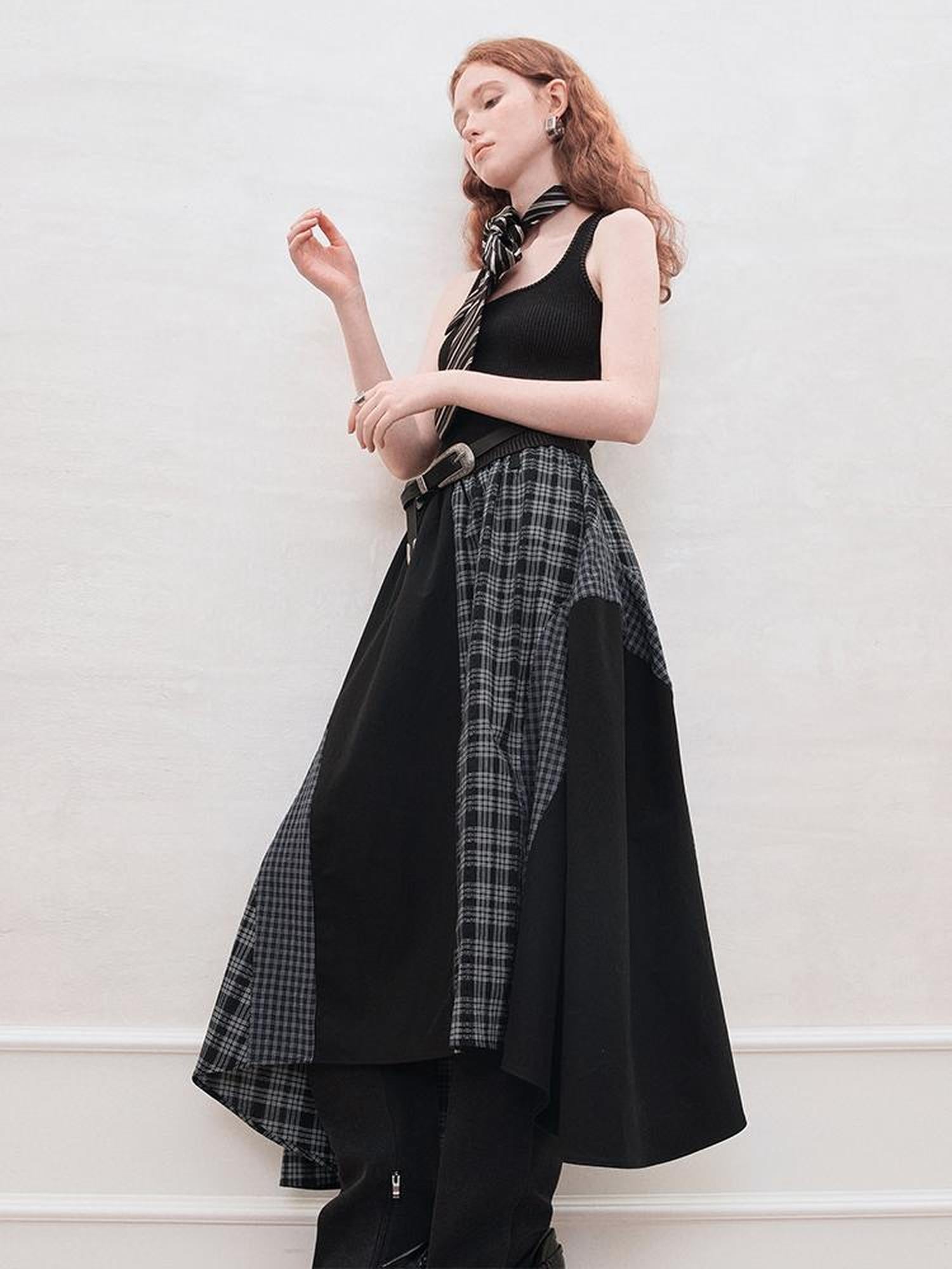 AnnoMundi Plaid Patchwork Asymmetrical Maxi Skirt