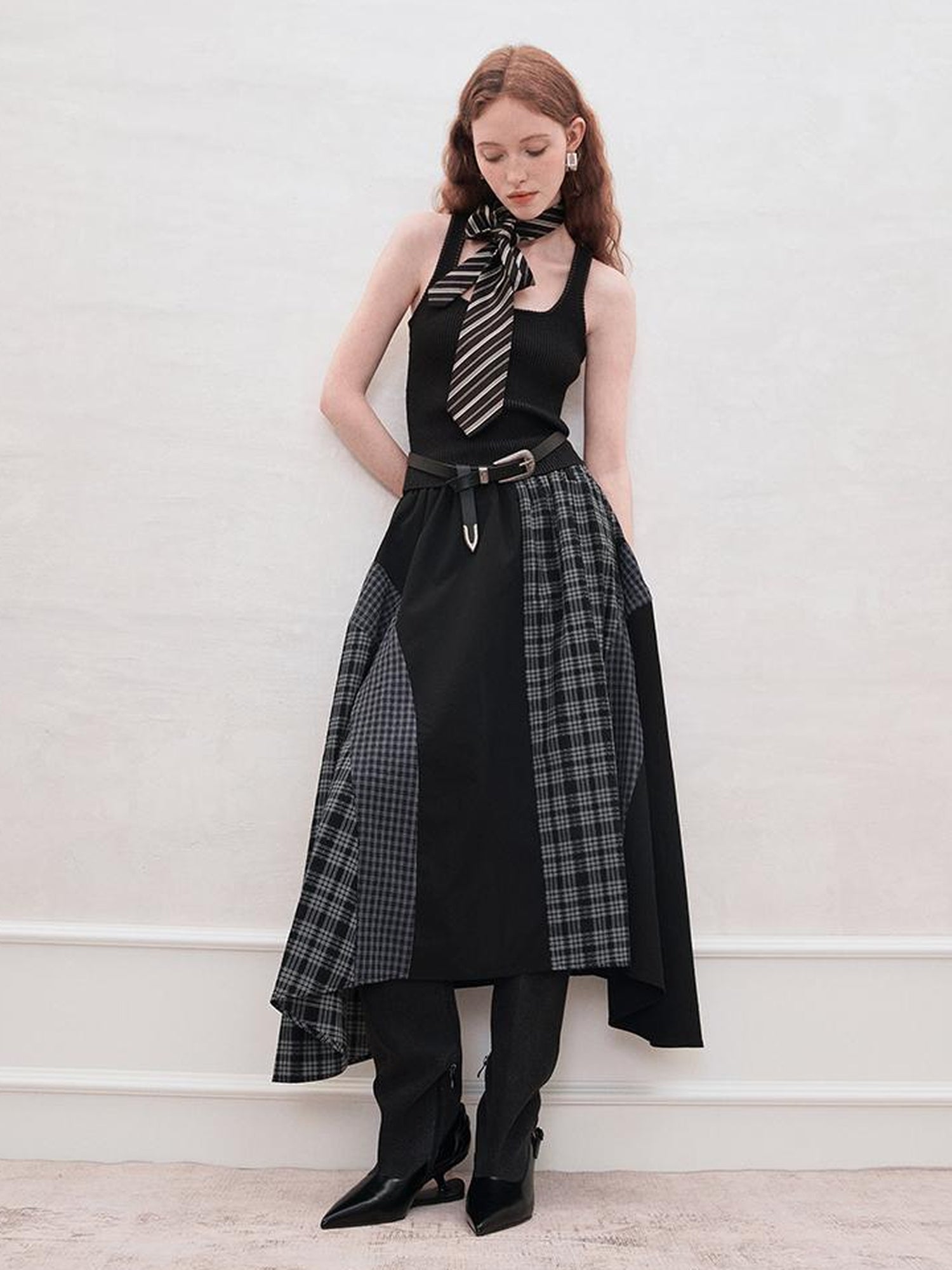 AnnoMundi Plaid Patchwork Asymmetrical Maxi Skirt