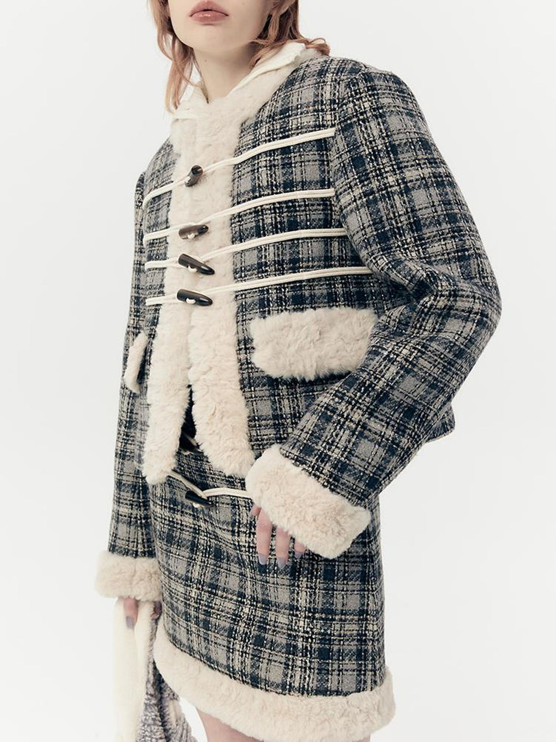 AnnoMundi Plaid Wool Blend Coat and Skirt Set with Rose Velvet Trim
