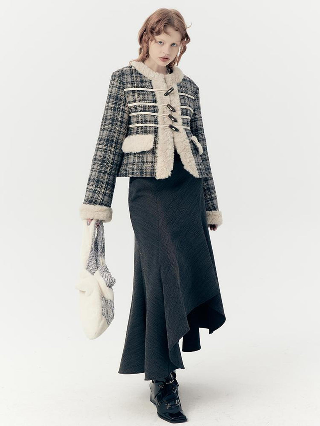 AnnoMundi Plaid Wool Blend Coat and Skirt Set with Rose Velvet Trim
