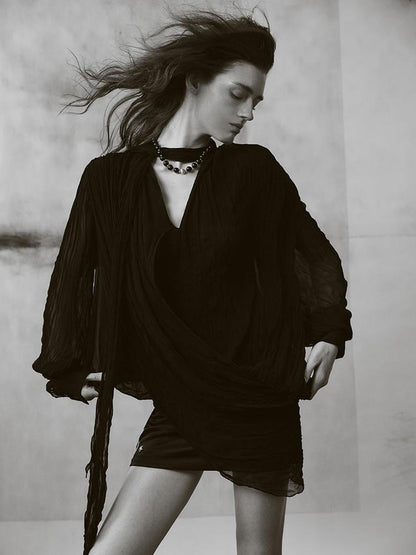 AnnoMundi Pleated Irregular Layered V-neck Long Sleeve Women&