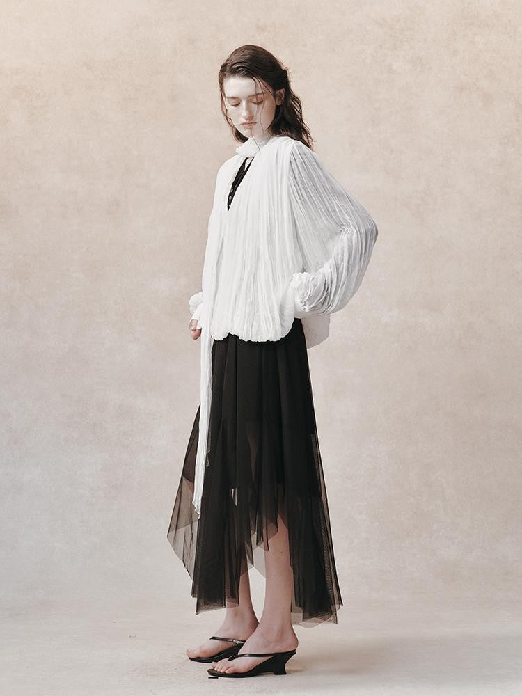 AnnoMundi Pleated Irregular Layered V-neck Long Sleeve Women&
