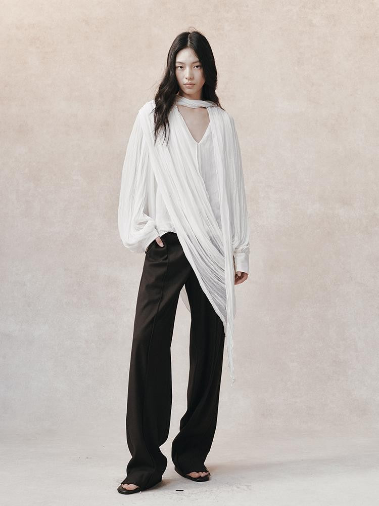 AnnoMundi Pleated Irregular Layered V-neck Long Sleeve Women&