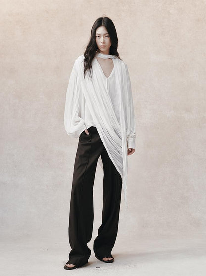 AnnoMundi Pleated Irregular Layered V-neck Long Sleeve Women&