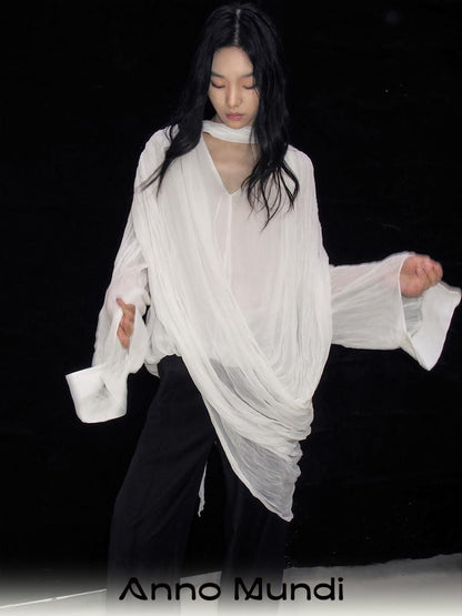 AnnoMundi Pleated Irregular Layered V-neck Long Sleeve Women&