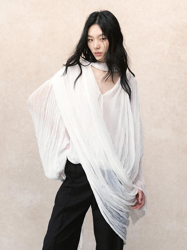 AnnoMundi Pleated Irregular Layered V-neck Long Sleeve Women&