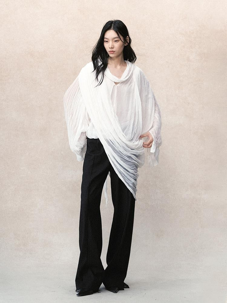 AnnoMundi Pleated Irregular Layered V-neck Long Sleeve Women&