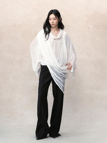 AnnoMundi Pleated Irregular Layered V-neck Long Sleeve Women&