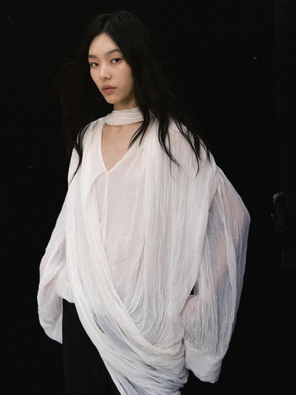 AnnoMundi Pleated Irregular Layered V-neck Long Sleeve Women&