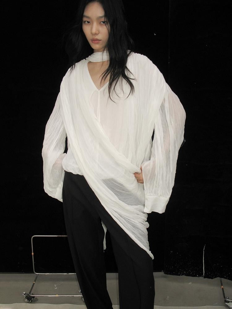 AnnoMundi Pleated Irregular Layered V-neck Long Sleeve Women&