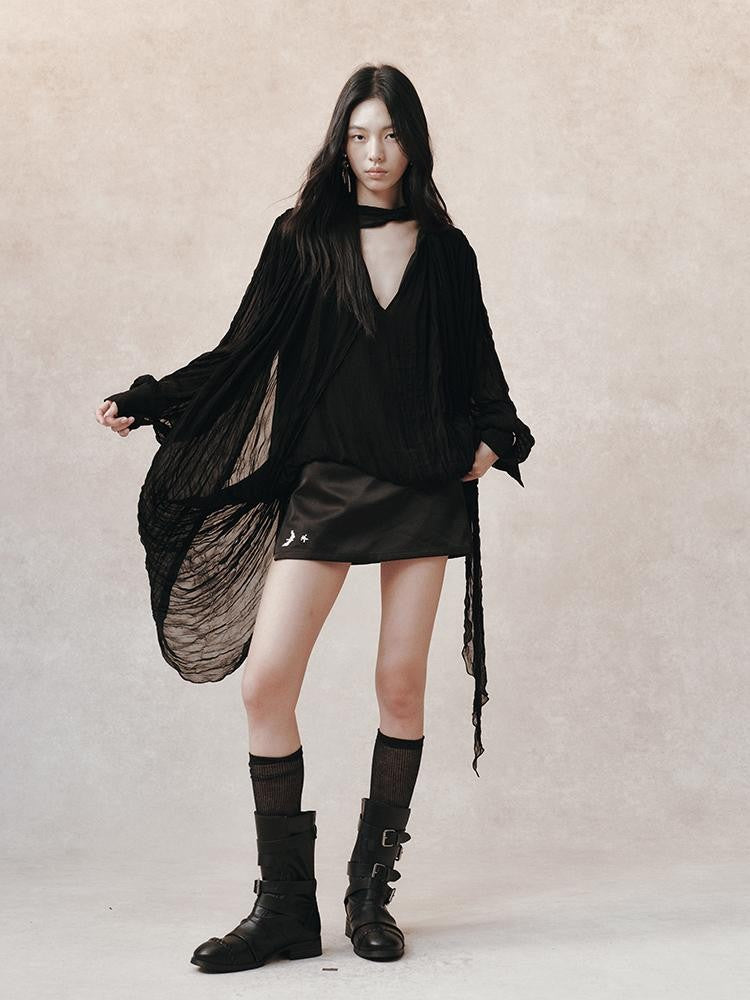 AnnoMundi Pleated Irregular Layered V-neck Long Sleeve Women&