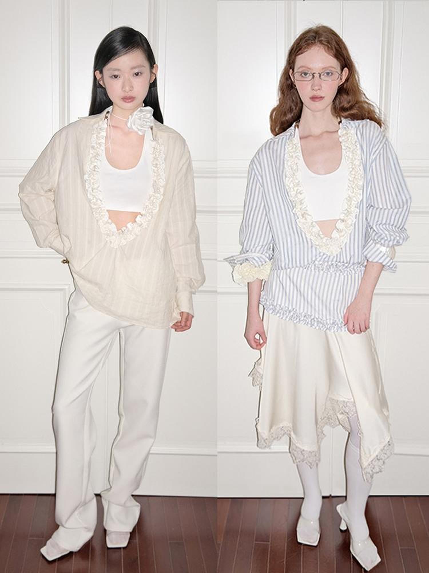 AnnoMundi Pleated Light V Neck Striped Blouse