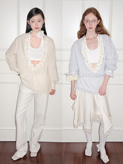 AnnoMundi Pleated Light V Neck Striped Blouse