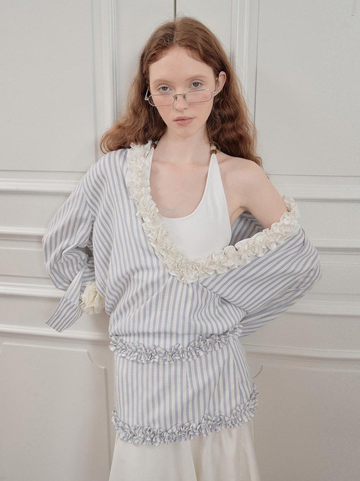 AnnoMundi Pleated Light V Neck Striped Blouse